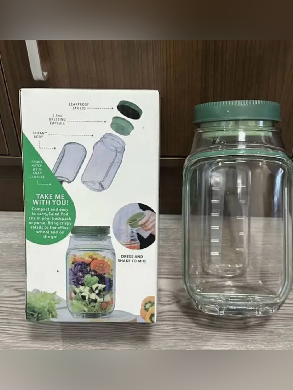 TWO!! SaladKind Jar with Green Dressing Lid.
